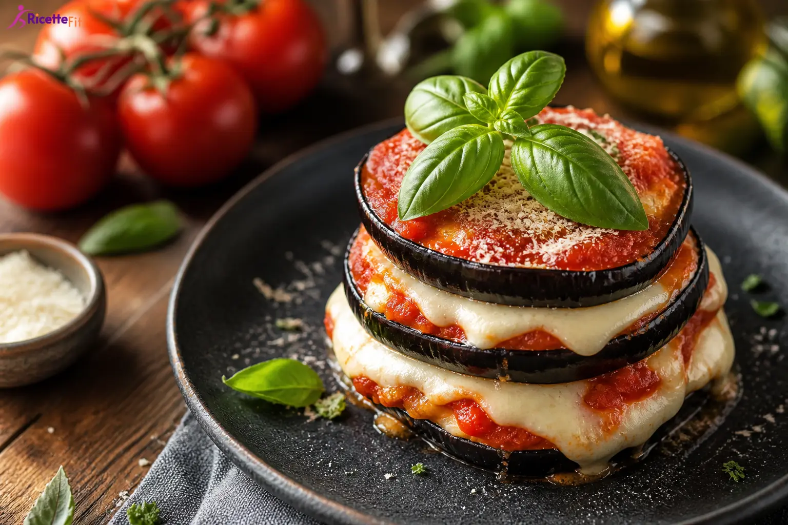 Tortino di melanzane con mozzarella, pomodoro e basilico fresco
