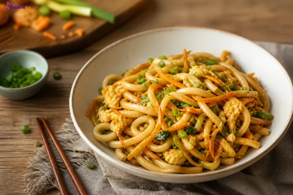 Udon noodles con pollo, uova e verdure saltate in ciotola