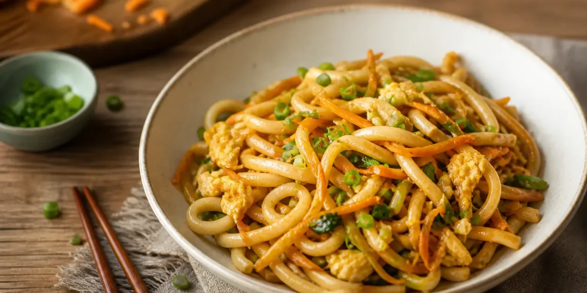 Udon noodles con pollo, uova e verdure saltate in ciotola