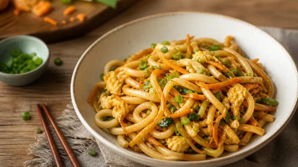 Udon noodles con pollo, uova e verdure saltate in ciotola