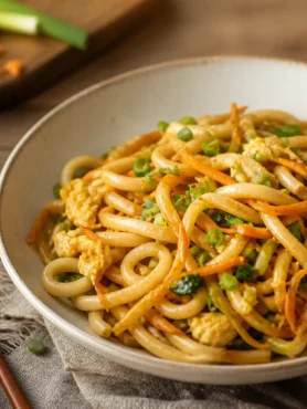 Udon noodles con pollo, uova e verdure saltate in ciotola