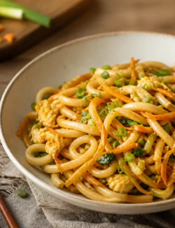 Udon noodles con pollo, uova e verdure saltate in ciotola
