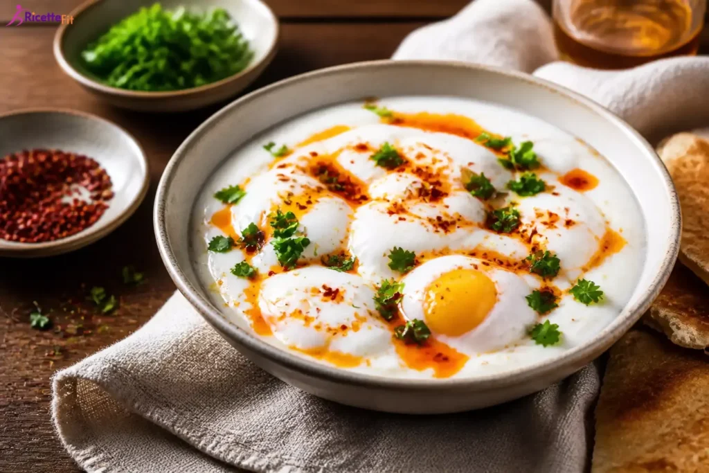 Uova alla turca fit con yogurt greco, olio speziato e prezzemolo
