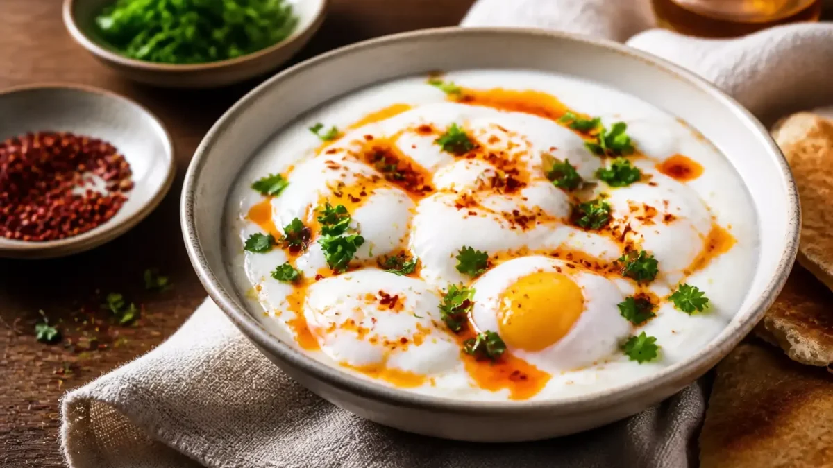 Uova alla turca fit con yogurt greco, olio speziato e prezzemolo