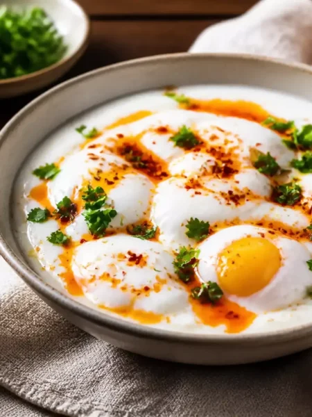 Uova alla turca fit con yogurt greco, olio speziato e prezzemolo