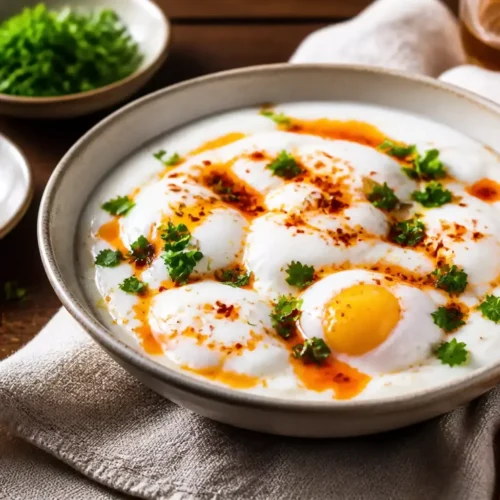 Uova alla turca fit con yogurt greco, olio speziato e prezzemolo