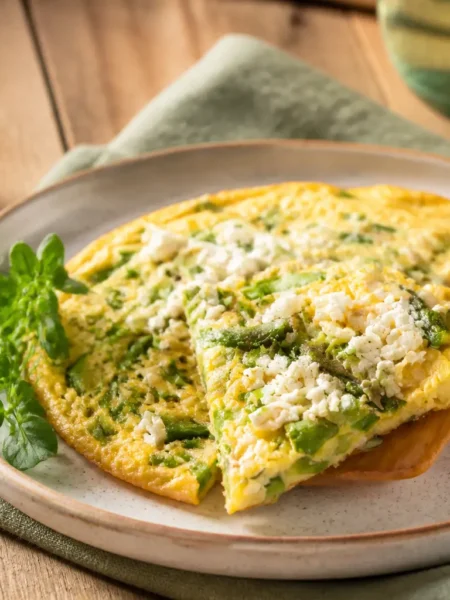 Uova strapazzate con zucchine e feta servite a spicchi