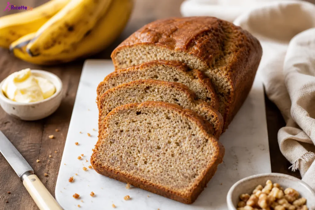 Vegan banana bread leggero a fette con banane e noci