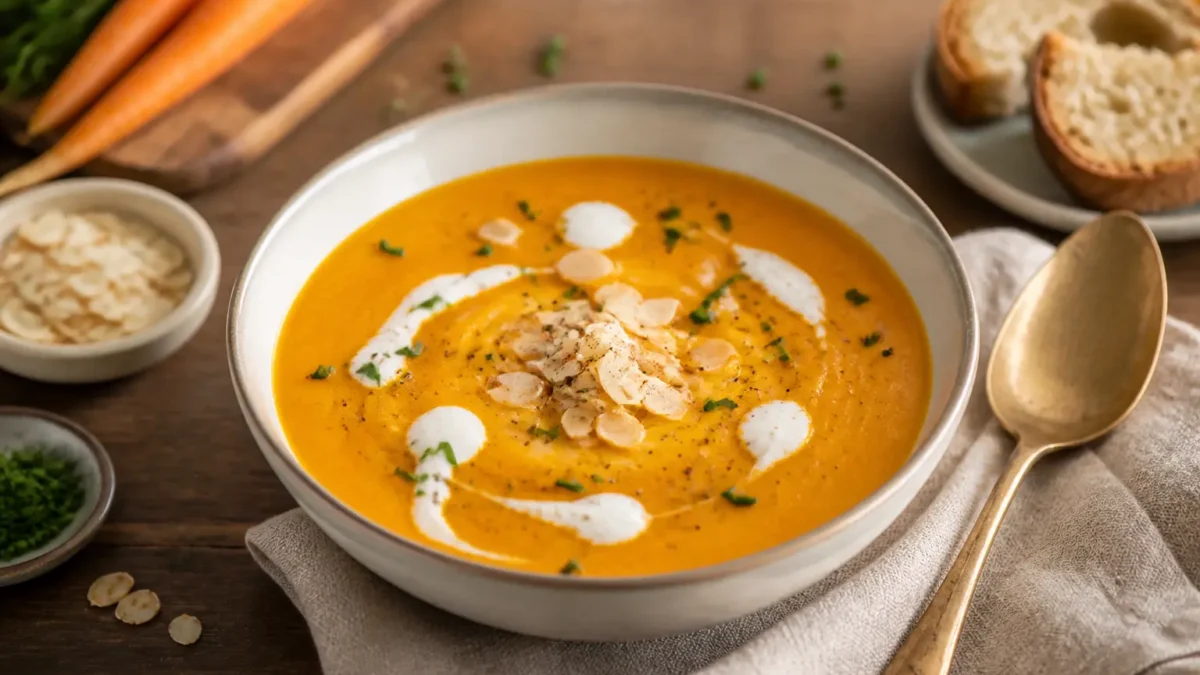 Vellutata di carote e zenzero con yogurt greco e mandorle tostate