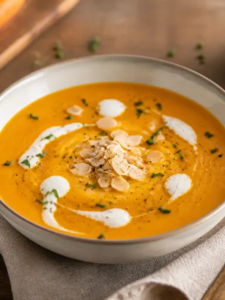 Vellutata di carote e zenzero con yogurt greco e mandorle tostate
