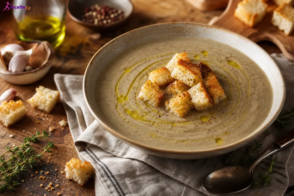 Vellutata di porri e carciofi con crostini integrali e olio extravergine