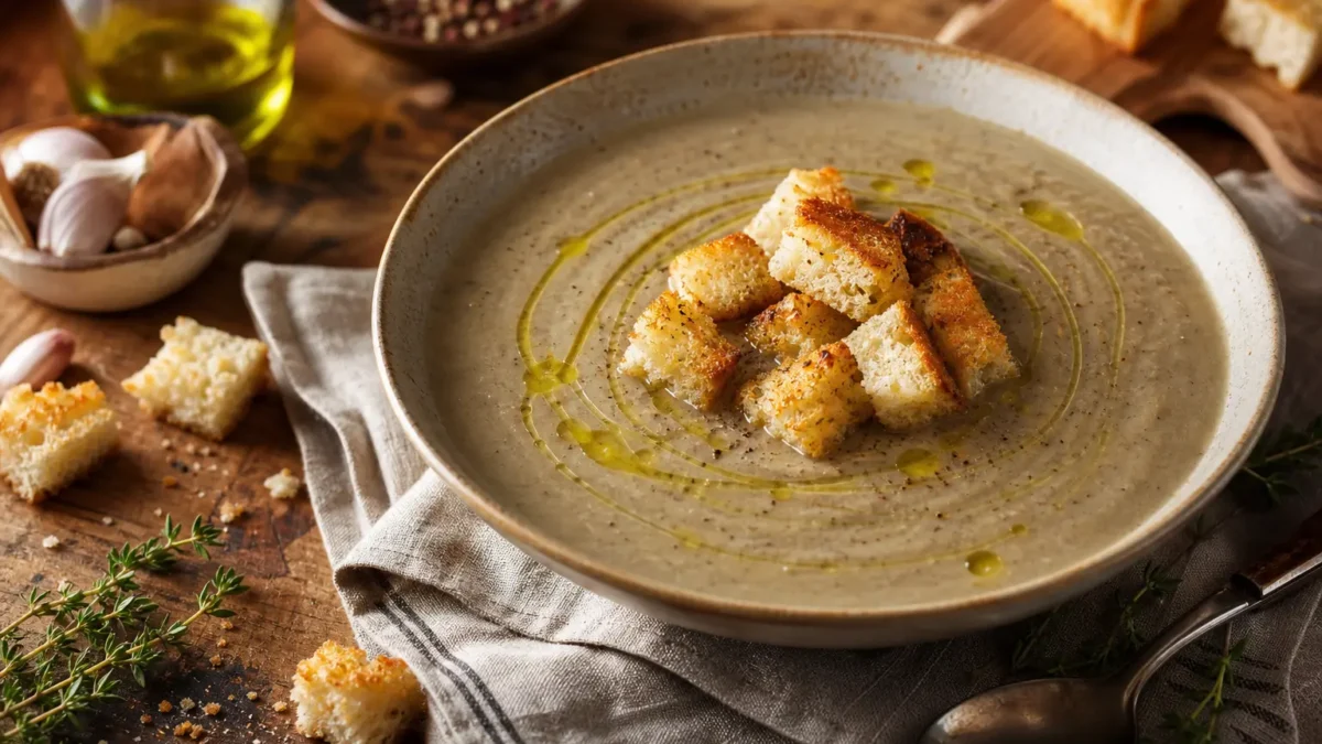 Vellutata di porri e carciofi con crostini integrali e olio extravergine