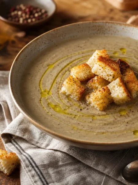 Vellutata di porri e carciofi con crostini integrali e olio extravergine