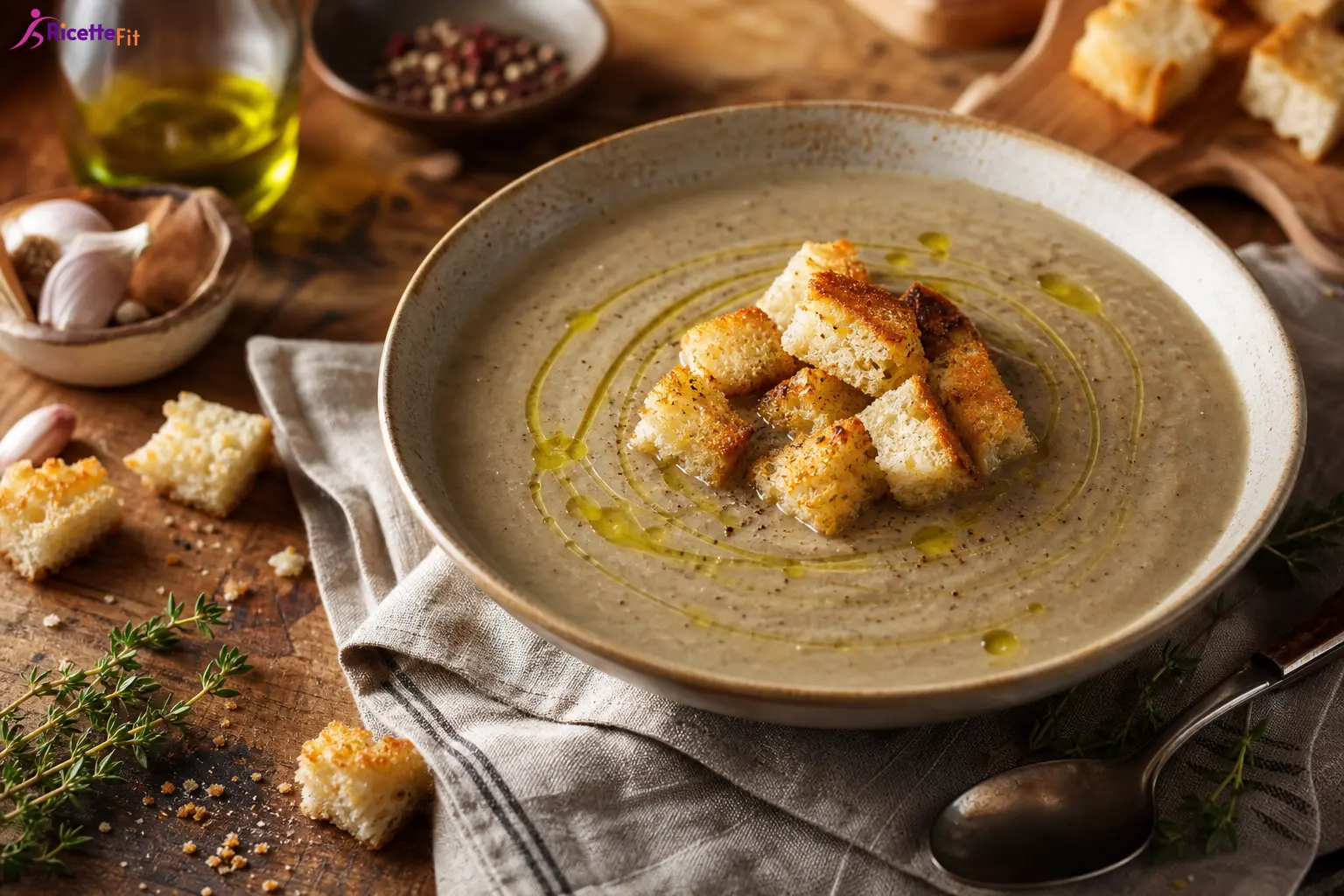 Vellutata di porri e carciofi con crostini integrali e olio extravergine