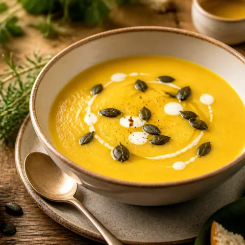 Vellutata di zucca con yogurt greco e semi croccanti