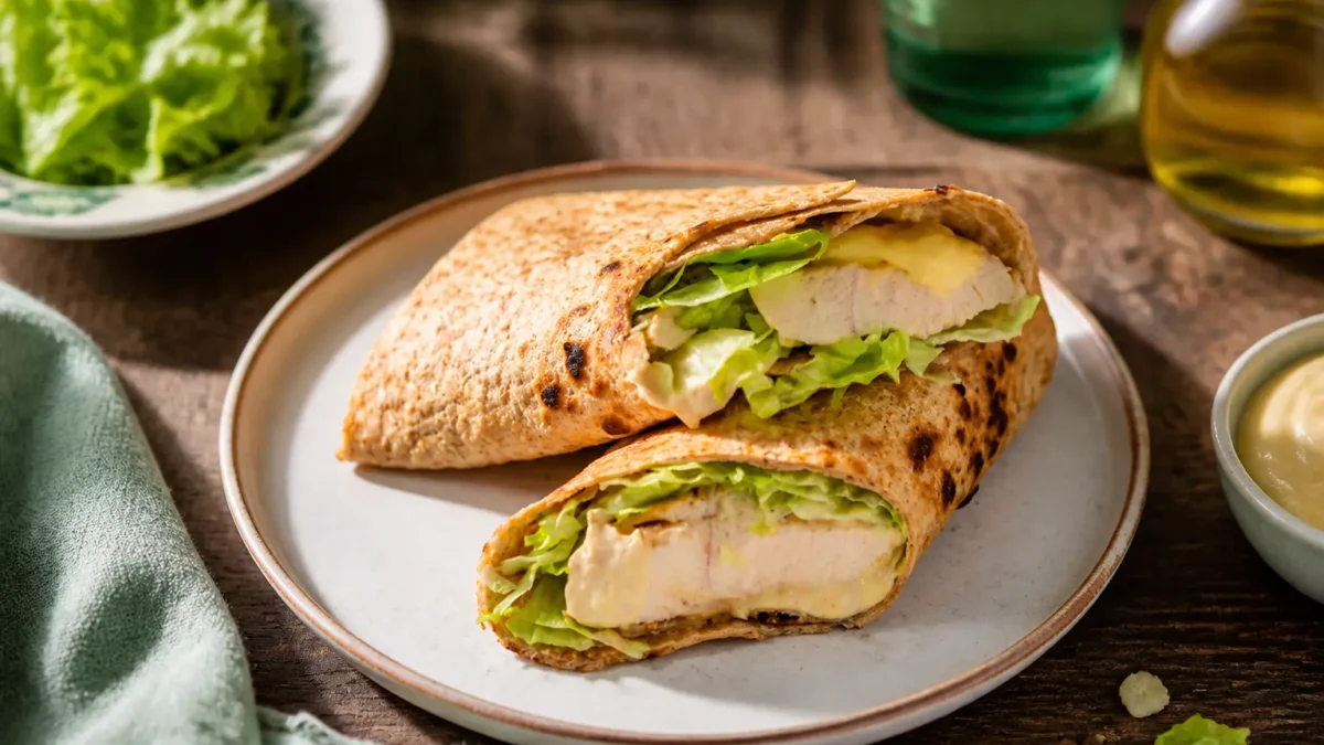 Wrap integrale con pollo, yogurt greco e lattuga su piatto