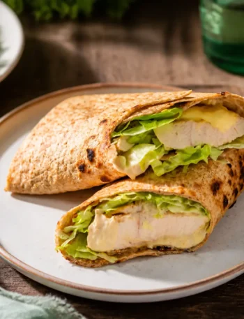 Wrap integrale con pollo, yogurt greco e lattuga su piatto