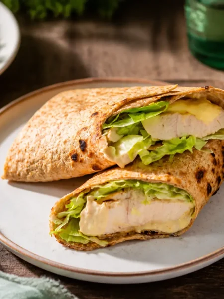 Wrap integrale con pollo, yogurt greco e lattuga su piatto