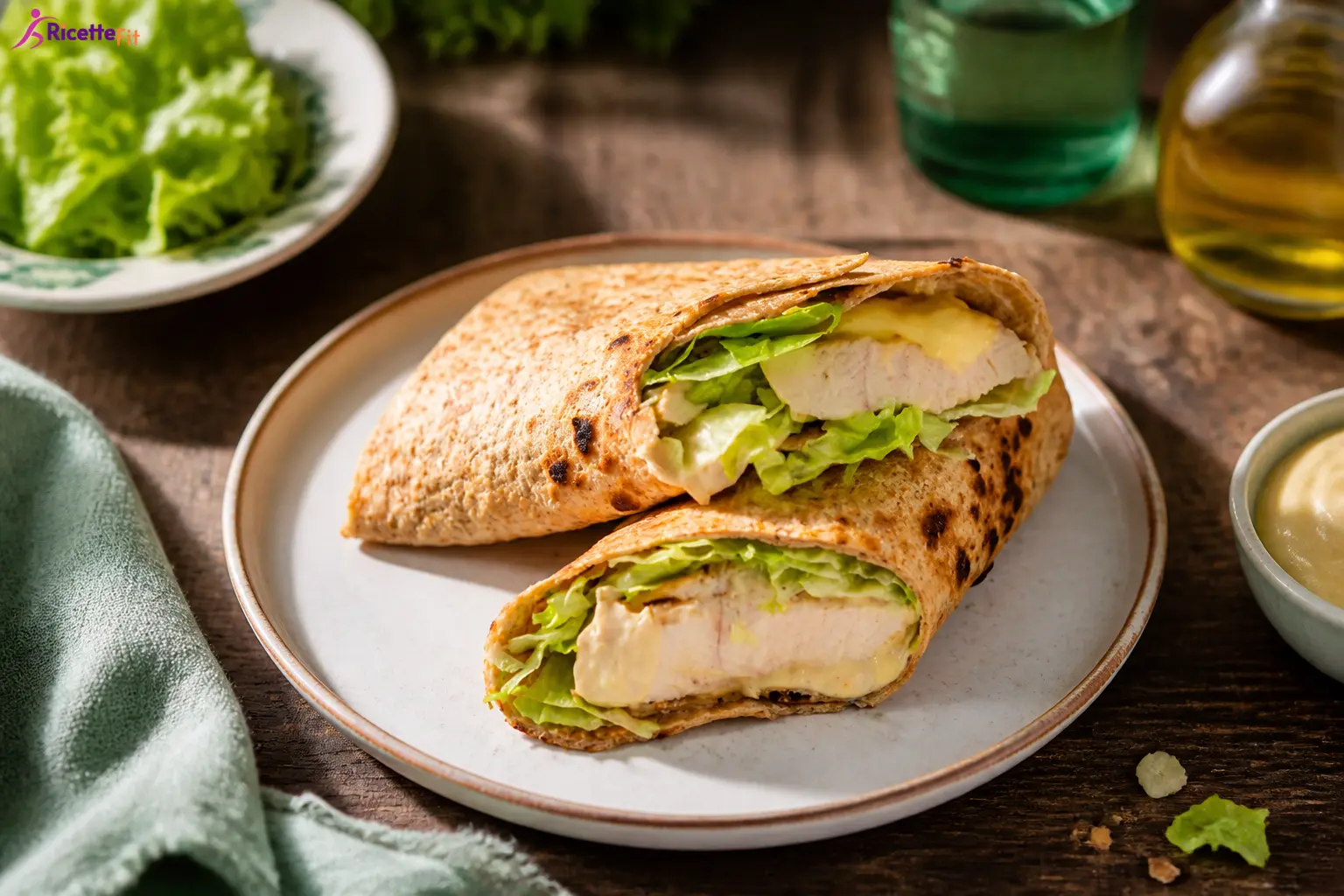 Wrap integrale con pollo, yogurt greco e lattuga su piatto