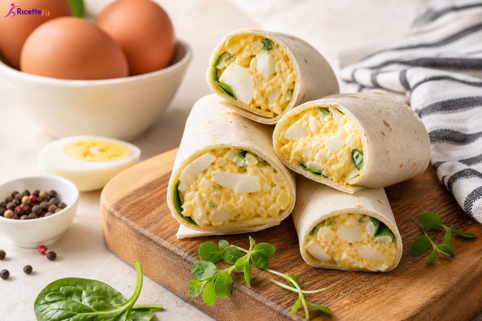 Wrap proteico con uova, feta e spinacino tagliato a metà