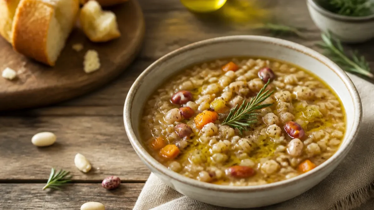 Zuppa d'orzo con verdure, fagioli e curcuma in ciotola
