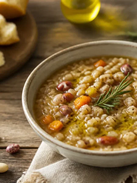 Zuppa d'orzo con verdure, fagioli e curcuma in ciotola