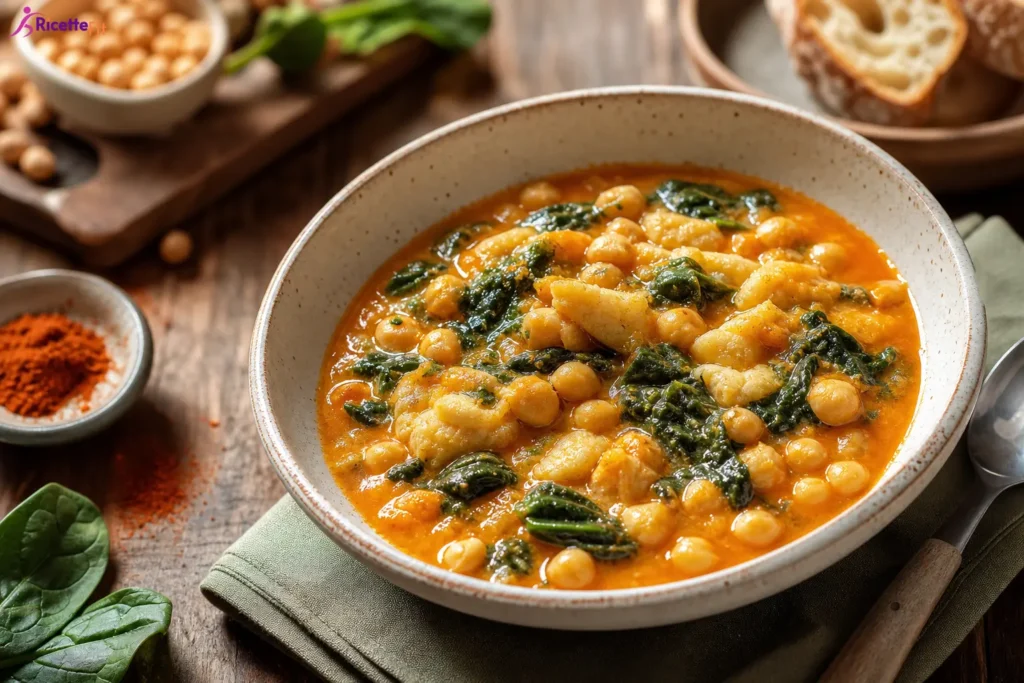 Zuppa di ceci con spinaci e patate in ciotola