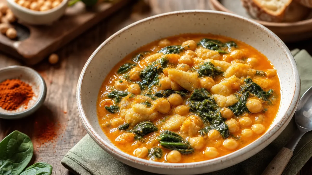 Zuppa di ceci con spinaci e patate in ciotola