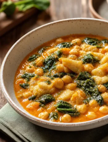 Zuppa di ceci con spinaci e patate in ciotola