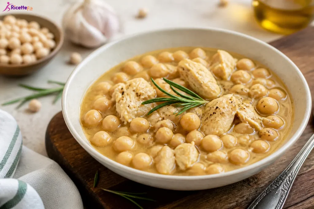 Zuppa di ceci cremosa con bocconcini di pollo e rosmarino