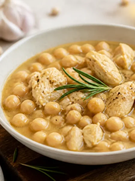 Zuppa di ceci cremosa con bocconcini di pollo e rosmarino