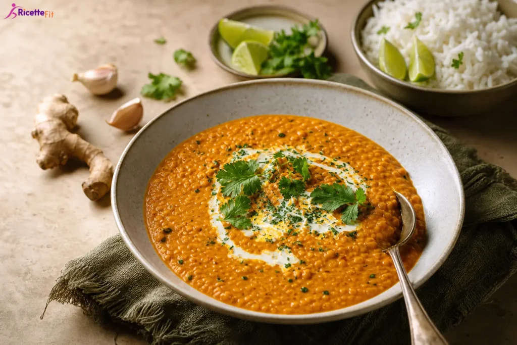 Zuppa di lenticchie rosse con latte di cocco, coriandolo, lime e riso basmati