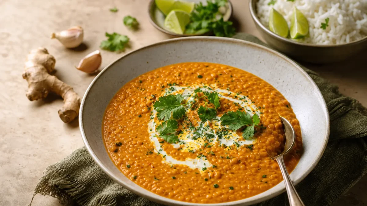 Zuppa di lenticchie rosse con latte di cocco, coriandolo, lime e riso basmati