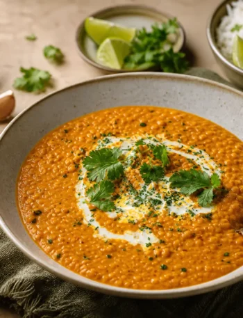 Zuppa di lenticchie rosse con latte di cocco, coriandolo, lime e riso basmati