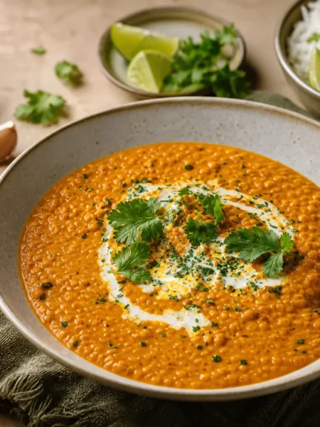Zuppa di lenticchie rosse con latte di cocco, coriandolo, lime e riso basmati