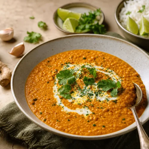 Zuppa di lenticchie rosse con latte di cocco e lime