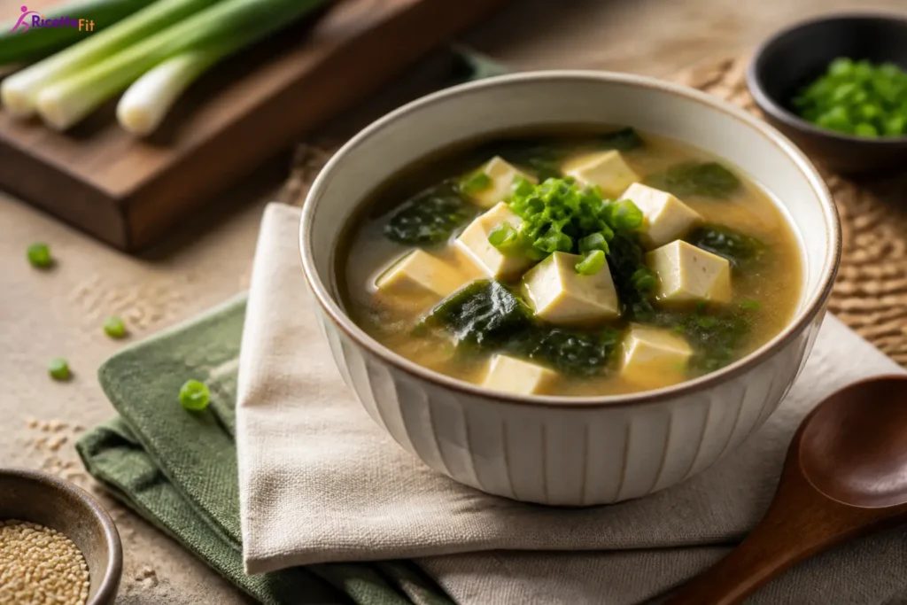 Zuppa di miso con tofu, alghe wakame e cipollotto