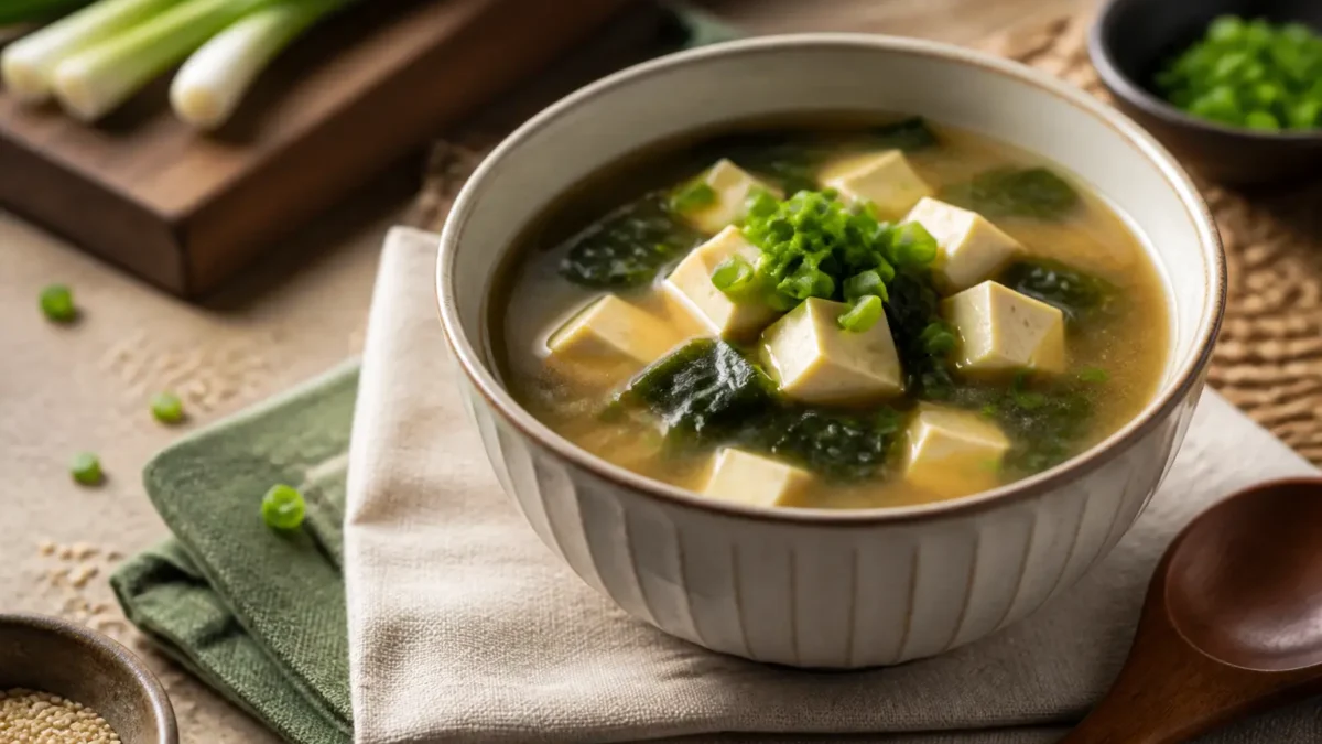 Zuppa di miso con tofu, alghe wakame e cipollotto