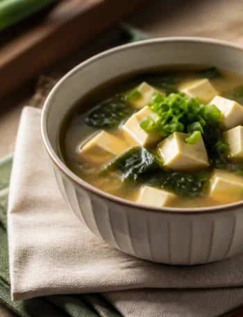 Zuppa di miso con tofu, alghe wakame e cipollotto