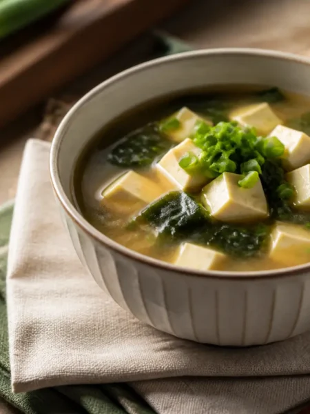 Zuppa di miso con tofu, alghe wakame e cipollotto
