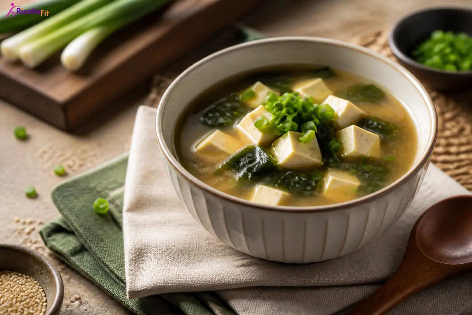 Zuppa di miso con tofu, alghe wakame e cipollotto