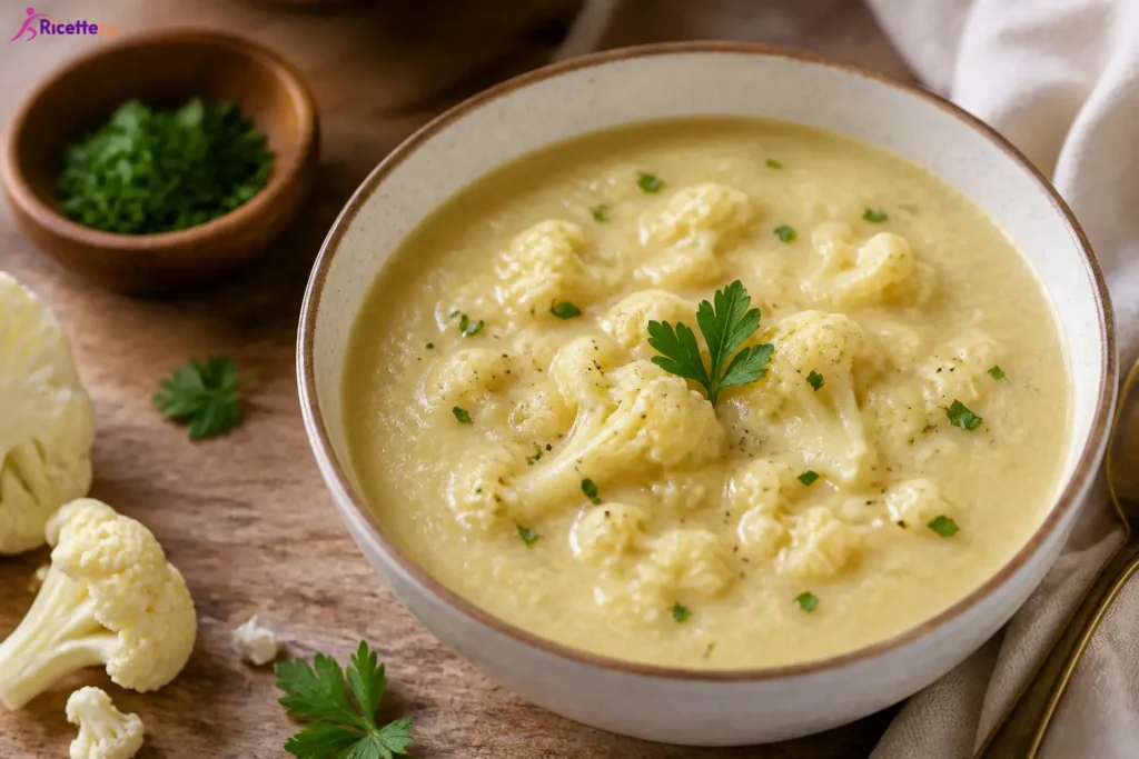 Zuppa cremosa di patate e cavolfiore con prezzemolo