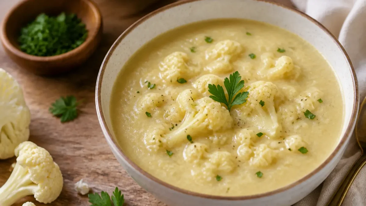 Zuppa cremosa di patate e cavolfiore con prezzemolo