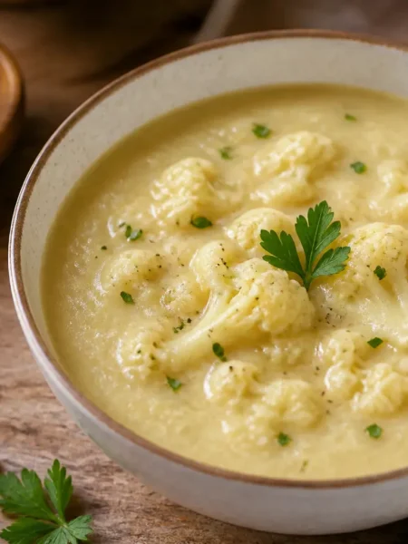 Zuppa cremosa di patate e cavolfiore con prezzemolo