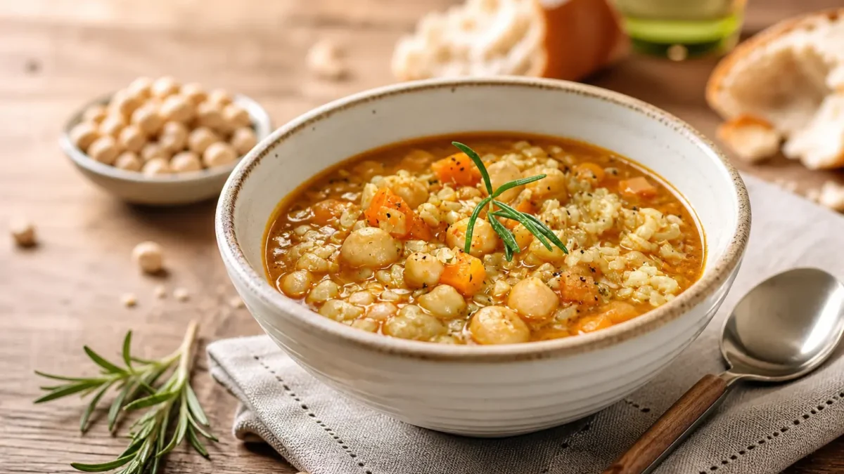 Zuppa di riso e ceci fit al rosmarino in ciotola