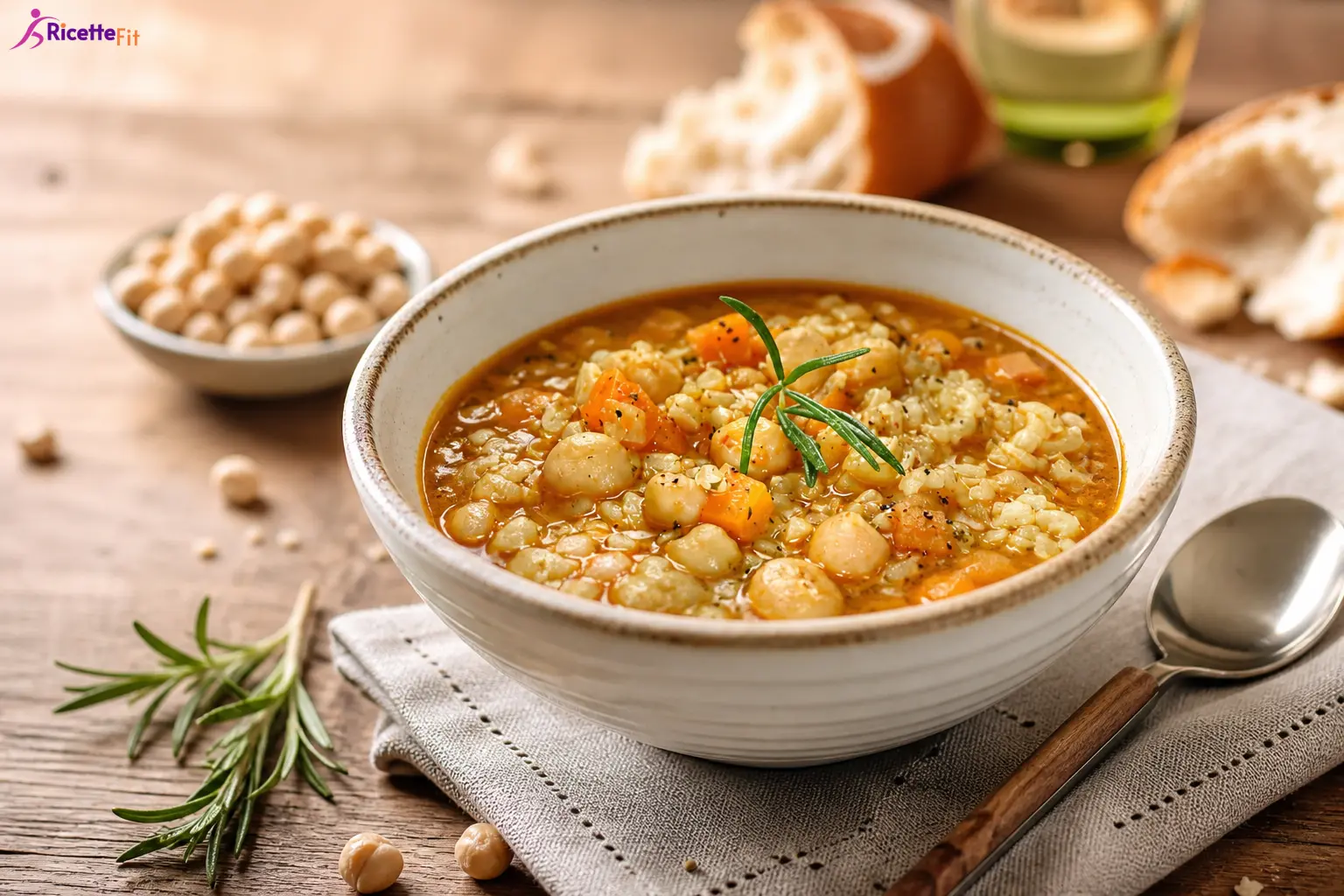 Zuppa di riso e ceci fit al rosmarino in ciotola