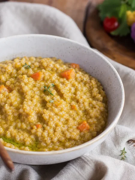 Zuppa di verdure e bulgur cremosa con carote e timo