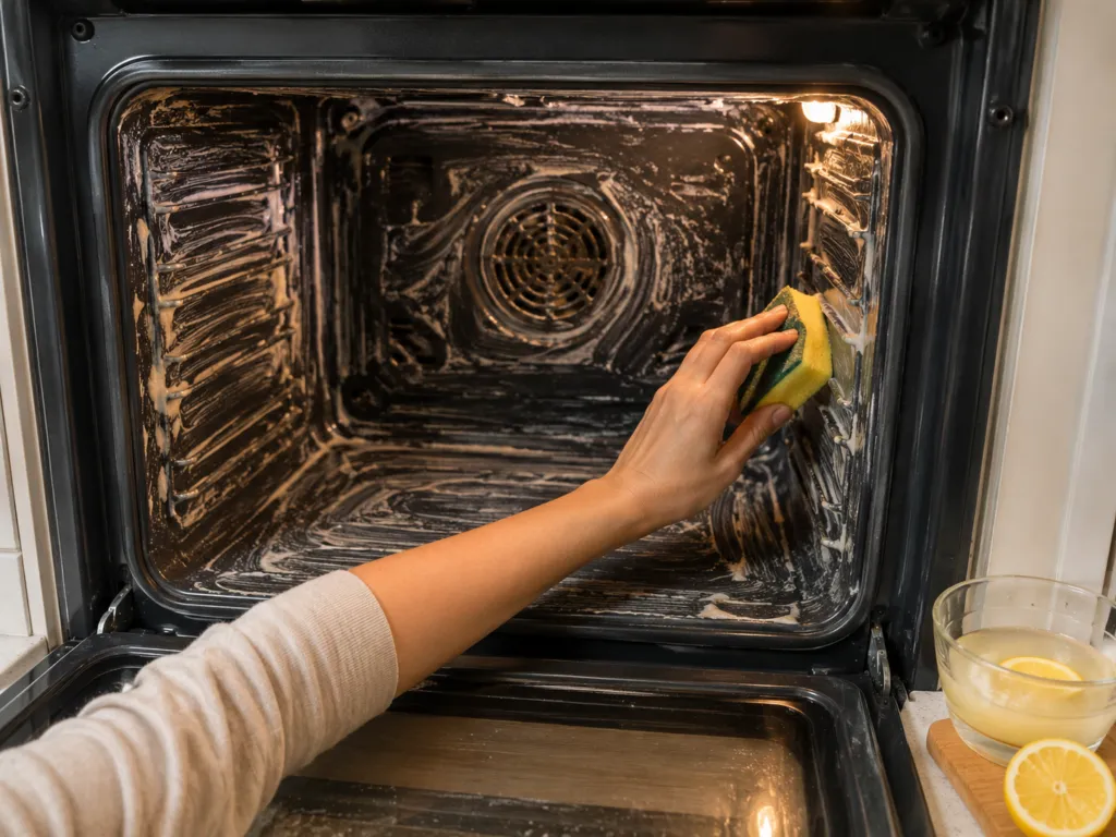 Mano che pulisce l'interno del forno con una spugna dopo aver applicato una soluzione naturale a base di limone e acqua.