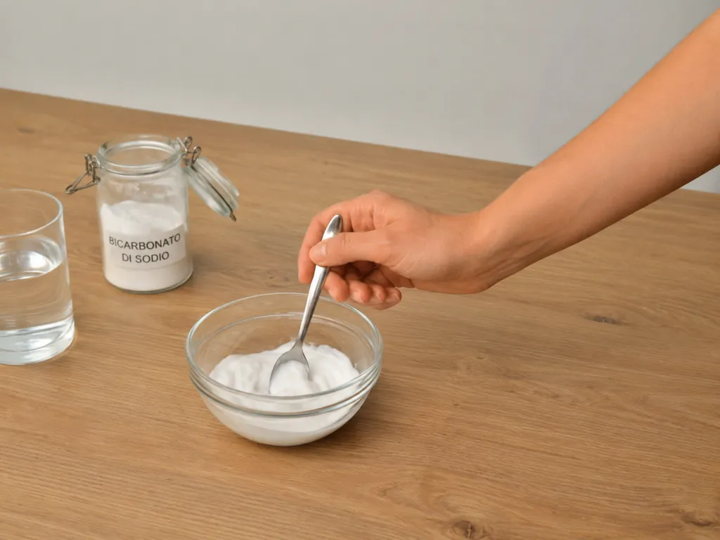 Mano che mescola bicarbonato e acqua in una ciotola fino a ottenere una crema bianca per pulire il forno.
