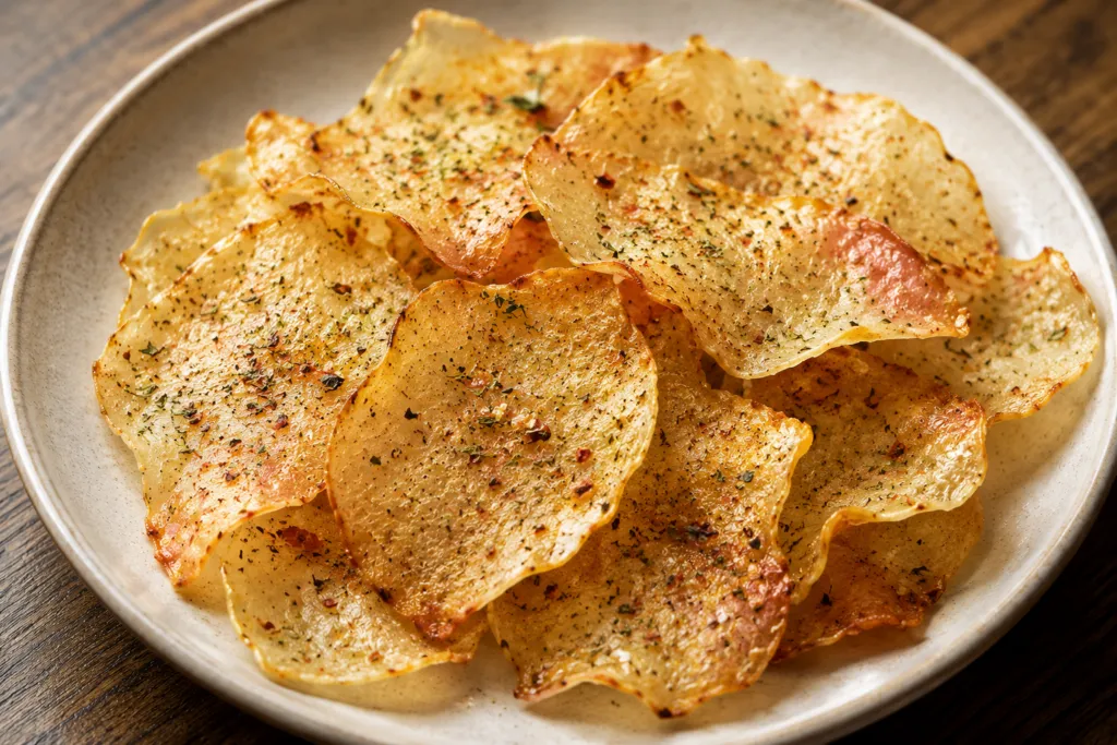 Chips di parte bianca dell’anguria cotte al forno con erbe aromatiche, snack anti-spreco leggero e croccante.